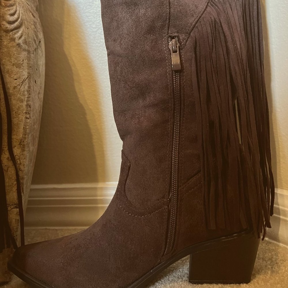 Fashion Nova Brown Heeled Boots With Fringe Detail View 3